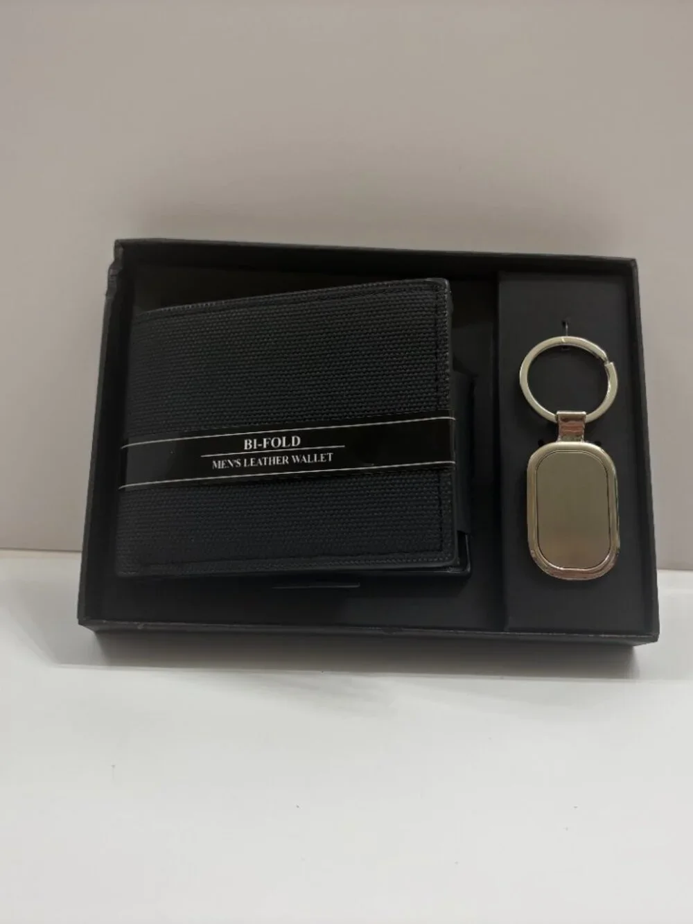 Men's Gift Set - Bi-Fold Black Wallet & Silver Keychain- NWT IN BOX